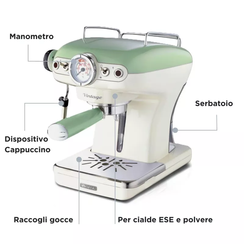 Ariete 1389 cafetera espresso Vintage - cafetera espresso para café molido o cápsulas ESE, en color verde pastel
