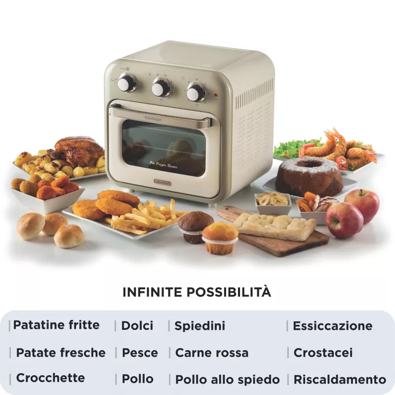 Freidora de aire y horno Ariete 4632 Vintage, 1400W, 2en1, Capacidad 16L, Accesorios incluidos, Temporizador 60 minutos, Doble cristal, Beige