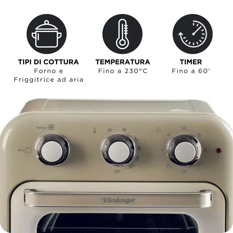 Freidora de aire y horno Ariete 4632 Vintage, 1400W, 2en1, Capacidad 16L, Accesorios incluidos, Temporizador 60 minutos, Doble cristal, Beige