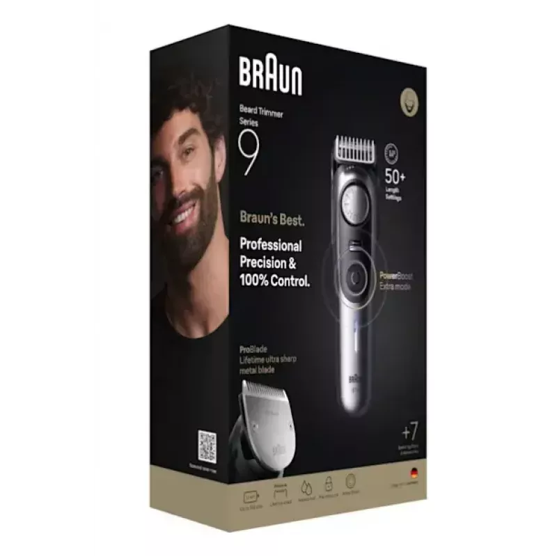 Recortadora de barba Braun BeardTrimmer 9 BT9520 Batería 52 2 cm Mojado y seco Negro, Gris