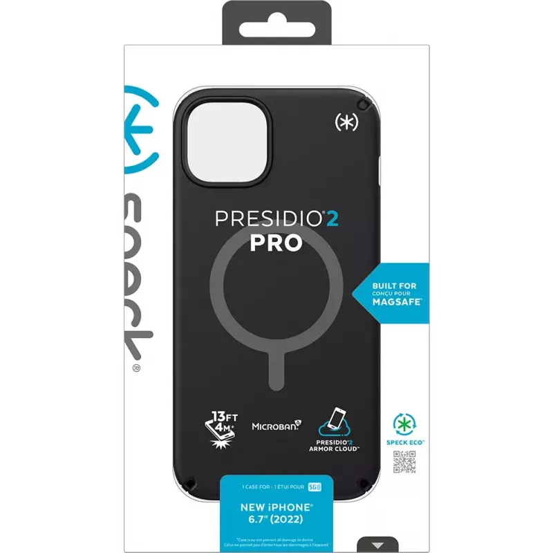 Speck Presidio2 Pro + MS Apple iPhone 14 Plus/15 Plus negro – con Microban funda protectora resistente