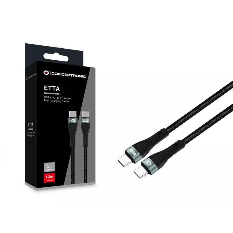 Cable de carga rápida Conceptronic ETTA01B12 USB-C-C PD 3.0 100W 1,2 m, 20V 5A, 480 Mbit/s, E-Mark