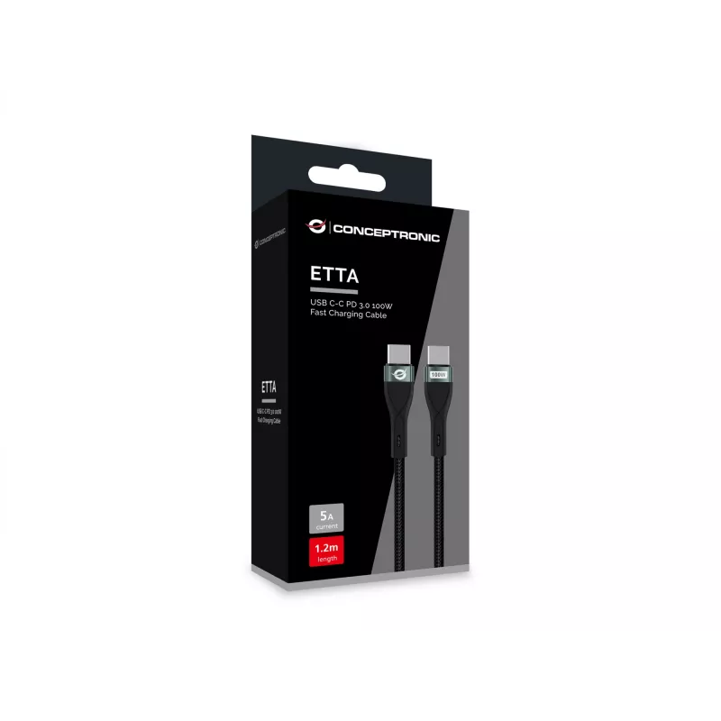 Cable de carga rápida Conceptronic ETTA01B12 USB-C-C PD 3.0 100W 1,2 m, 20V 5A, 480 Mbit/s, E-Mark