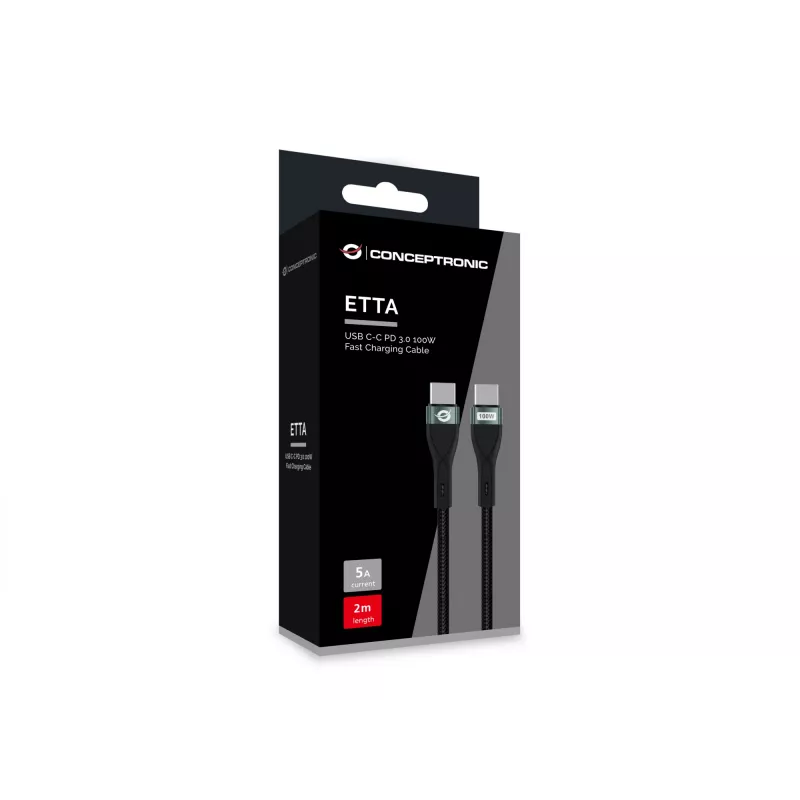 Cable de carga rápida Conceptronic ETTA01B20 USB C-C PD 3.0 100W 2M, 20V 5A, 480Mbps, E-Mark