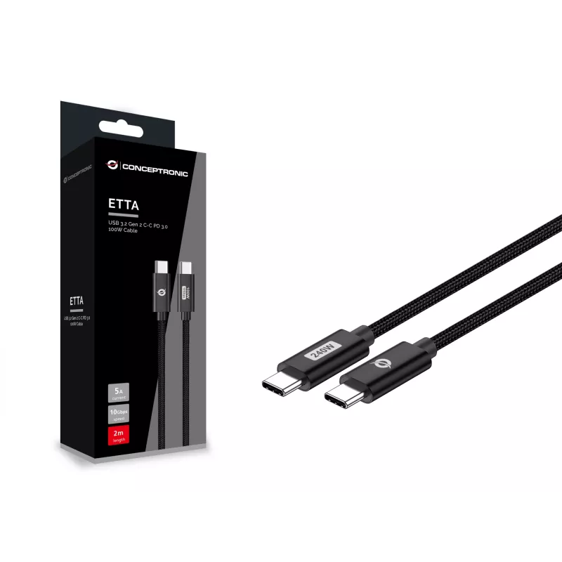 Conceptronic ETTA03B12 cable de carga rápida USB-C a USB-C PD 3.1 240 W 1,2 m, 48 V 5 A, 480 Mbit/s, E-Mark