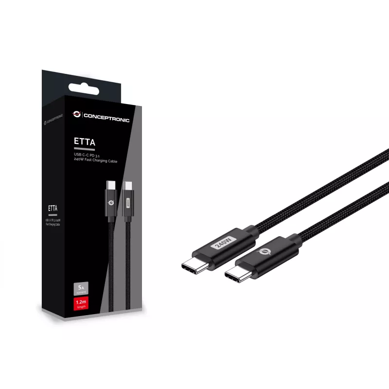Conceptronic ETTA03B20 cable de carga rápida USB-C a USB-C PD 3.1 240 W, 2 m, 48 V/5 A, 480 Mbit/s, E-Mark