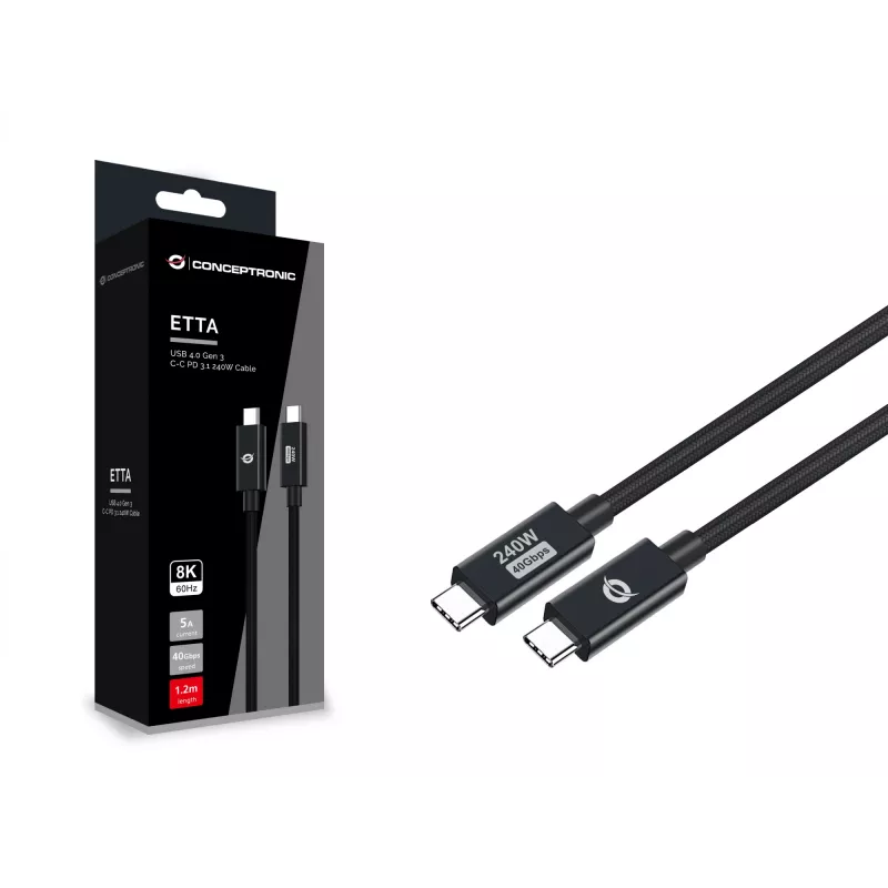 Cable Conceptronic ETTA04B12 USB 4.0 Gen 3 C-C PD 3.1 240W 1,2 m, 48 V 5 A, 40 Gbit/s, E-Mark