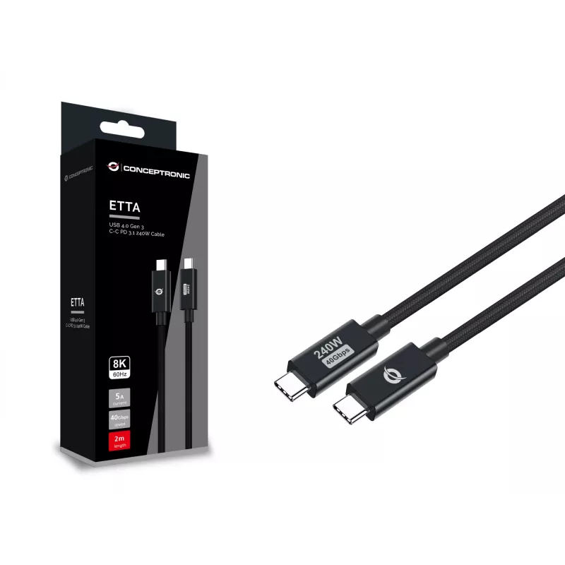 Cable Conceptronic ETTA04B20 USB 4.0 Gen 3 C-C PD 3.1 240W 2M, 48V 5A, 40Gbps, E-Mark