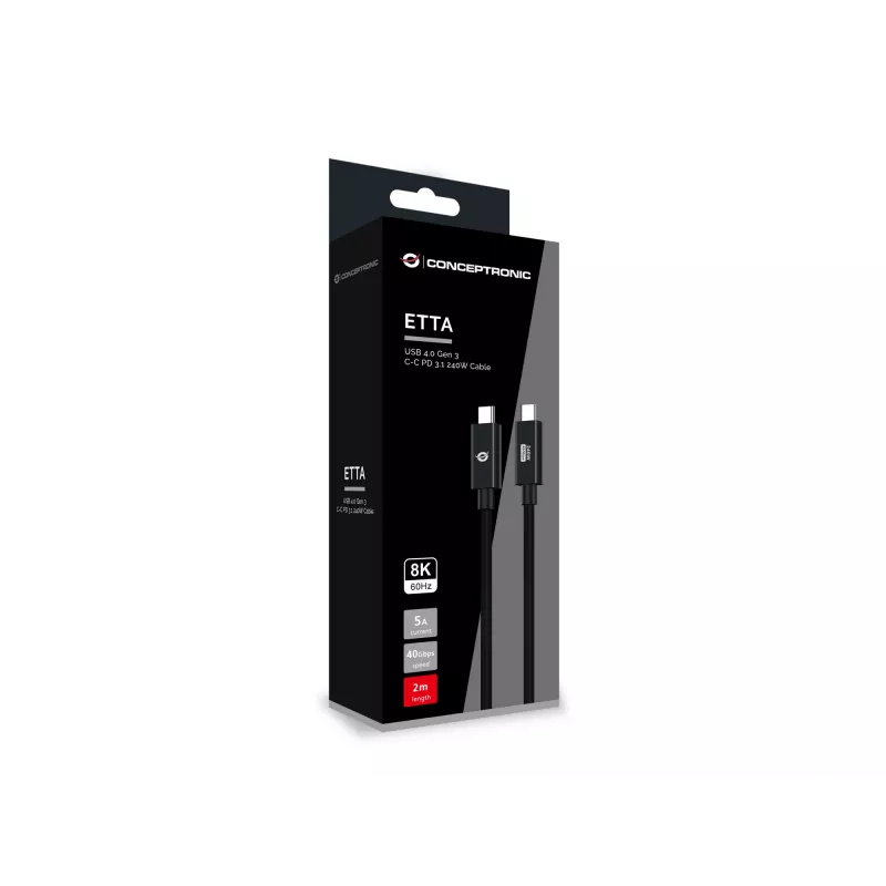 Cable Conceptronic ETTA04B20 USB 4.0 Gen 3 C-C PD 3.1 240W 2M, 48V 5A, 40Gbps, E-Mark