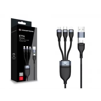 Cable de carga Conceptronic ETTA05B15 USB 3 en 1 PD 3.0 60W 1,5 m, 20V 3A, 480Mbps