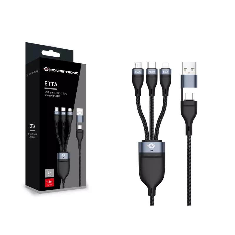 Cable de carga Conceptronic ETTA05B15 USB 3 en 1 PD 3.0 60W 1,5 m, 20V 3A, 480Mbps
