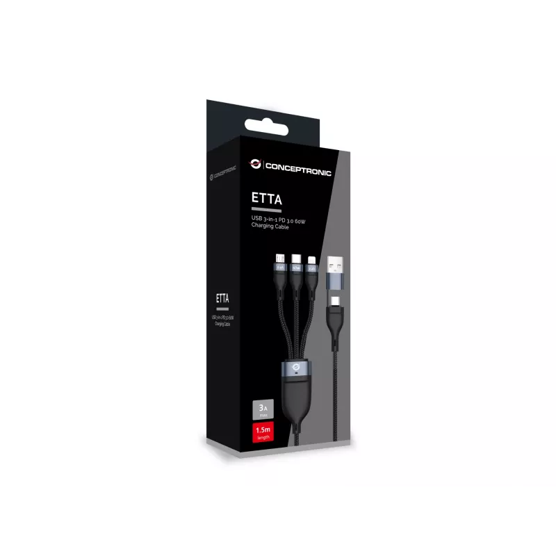 Cable de carga Conceptronic ETTA05B15 USB 3 en 1 PD 3.0 60W 1,5 m, 20V 3A, 480Mbps