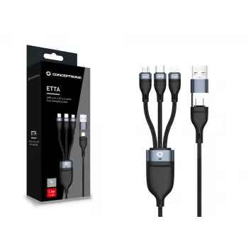Cable de carga rápida Conceptronic ETTA06B15 USB 3 en 1 PD 3.0 100W 1,5 m, 20V 5A, 480 Mbit/s, E-Mark
