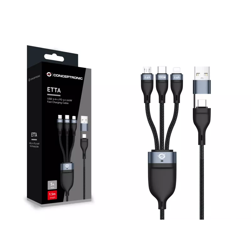 Cable de carga rápida Conceptronic ETTA06B15 USB 3 en 1 PD 3.0 100W 1,5 m, 20V 5A, 480 Mbit/s, E-Mark