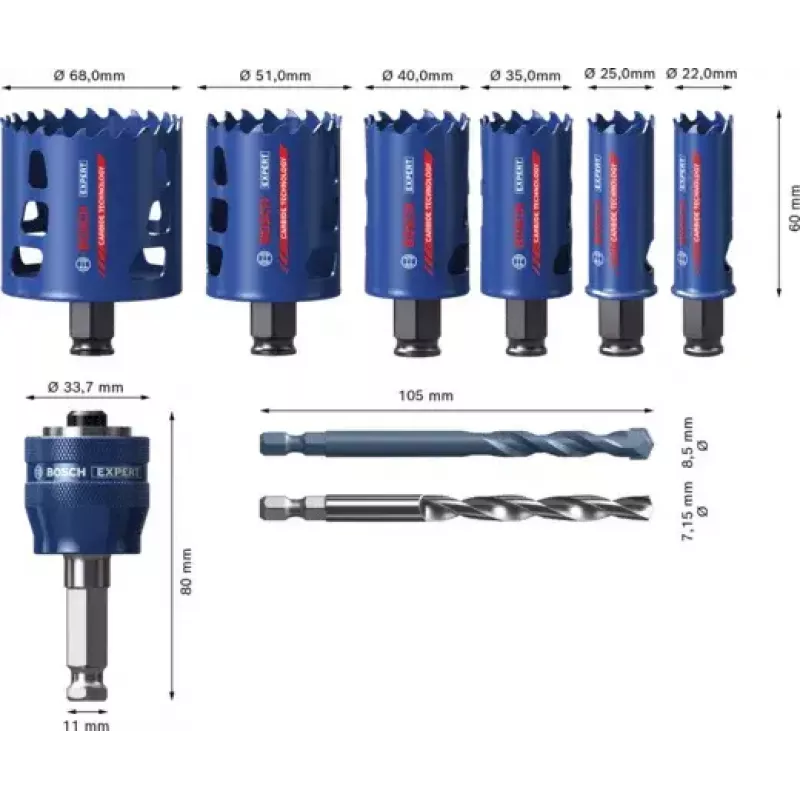 Bosch 2 608 900 446 Expert Tough Material juego de sierras de corona, 9 uds., 22–68 mm, con adaptador Power Change Plus