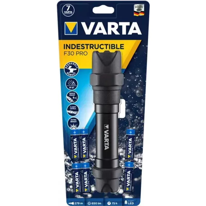 Varta Indestructible F30 Pro 18714101421 linterna LED, 6 W, 650 lm, aluminio, negra