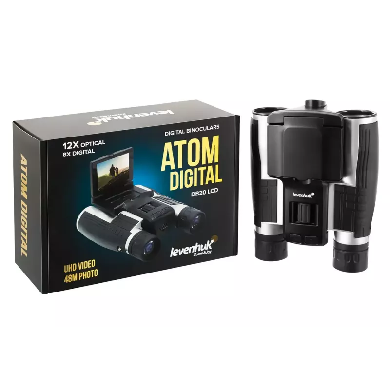 Prismáticos Levenhuk Atom DB20 con 20 aumentos y cámara integrada de 2-MP, pantalla LCD
