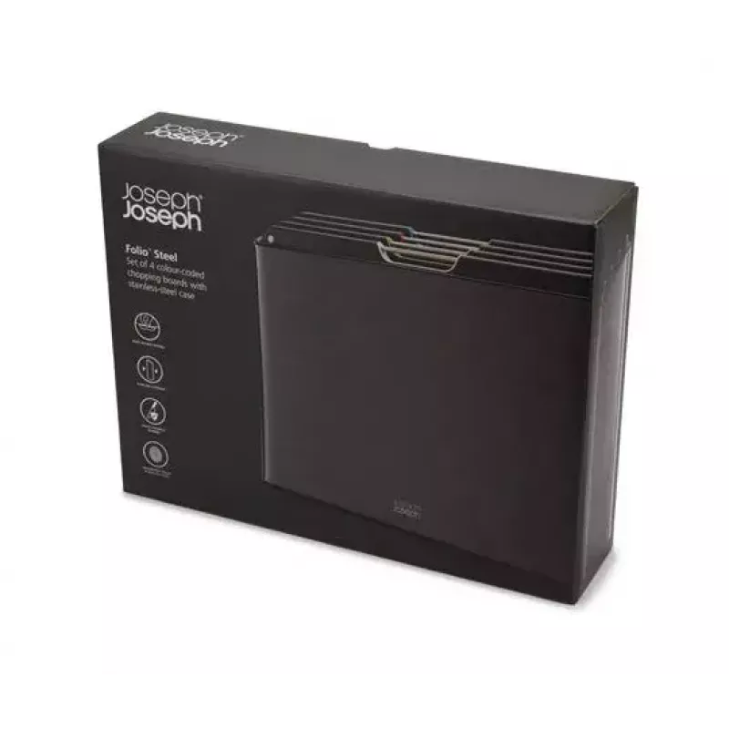 Joseph Joseph Folio Steel juego de 4 tablas de cortar con estuche, Carbon Black (60171)