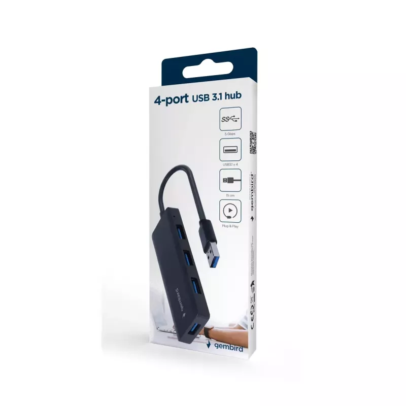 Dock para portátil Gembird UHB-U3P4-03 USB 3.2 Gen 1 Type-A, 5 Gbit/s, negro