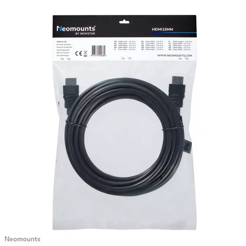 Cable HDMI Neomounts HDMI15MM – 5 metros, 5 m, HDMI tipo A (estándar), HDMI tipo A (estándar), 10,2 Gbit/s, negro