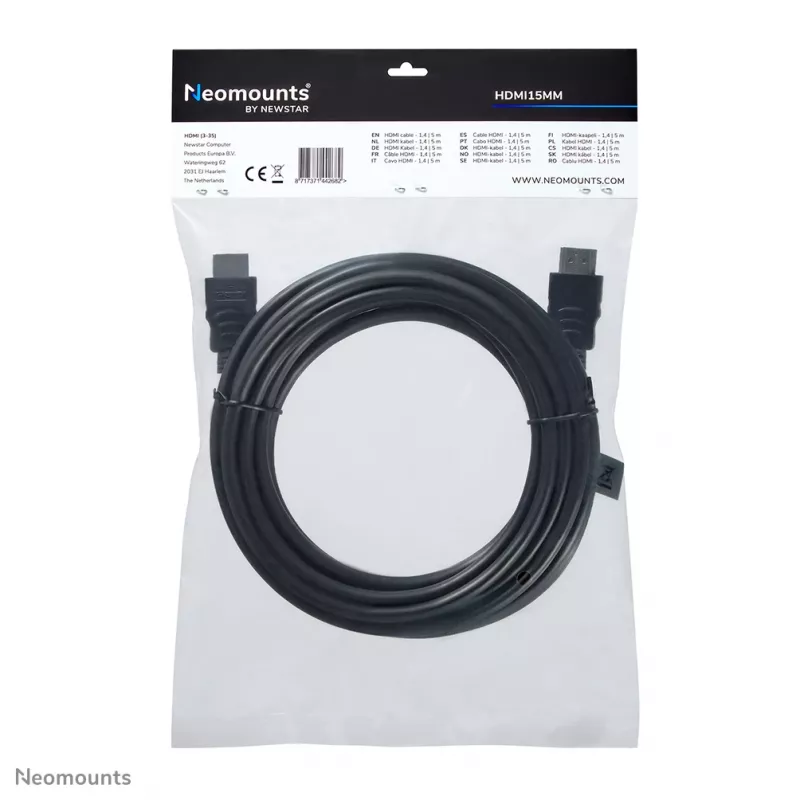 Cable HDMI Neomounts HDMI15MM – 5 metros, 5 m, HDMI tipo A (estándar), HDMI tipo A (estándar), 10,2 Gbit/s, negro