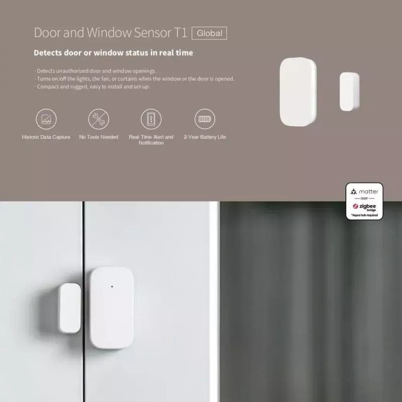 Sensor de puerta/ventana para smart home, Aqara DW-S03D, inalámbrico, Zigbee