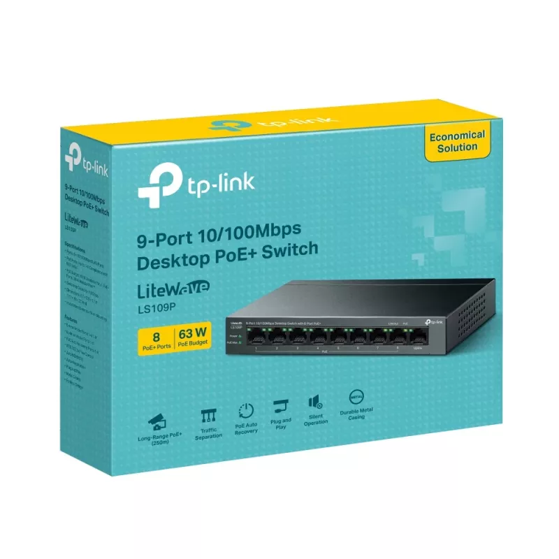 Switch de red TP-Link LiteWave LS109P No gestionado Fast Ethernet (10/100) Power over Ethernet (PoE) Negro