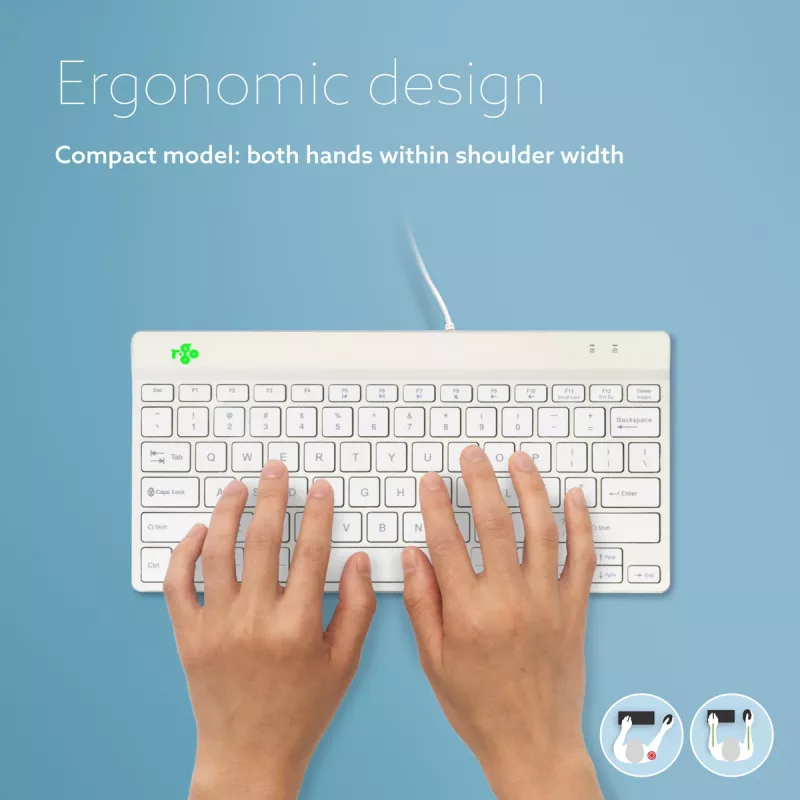 Teclado ergonómico R-Go Tools R-Go Compact Break, teclado compacto con software de pausas, QWERTY (US), con cable, blanco