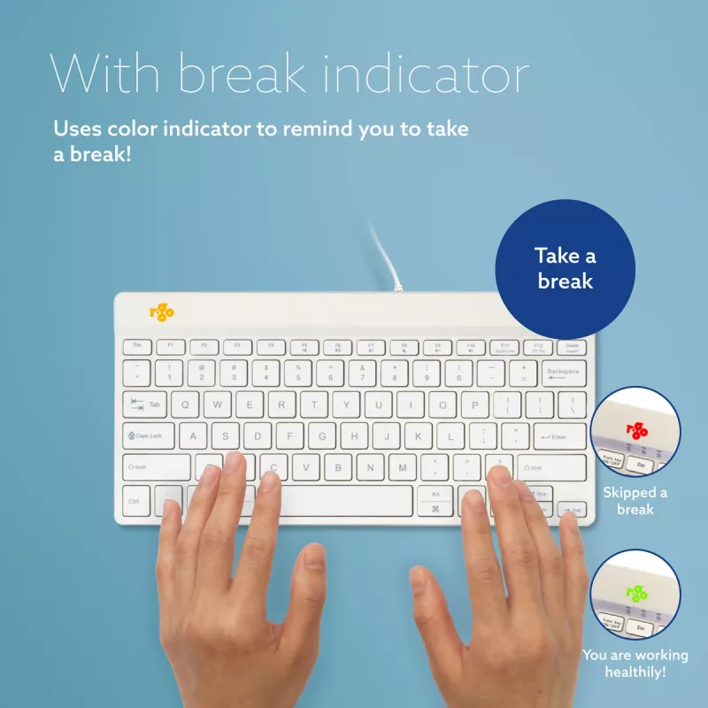 Teclado ergonómico R-Go Tools R-Go Compact Break, teclado compacto con software de pausas, QWERTY (US), con cable, blanco