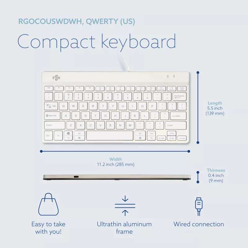 Teclado ergonómico R-Go Tools R-Go Compact Break, teclado compacto con software de pausas, QWERTY (US), con cable, blanco