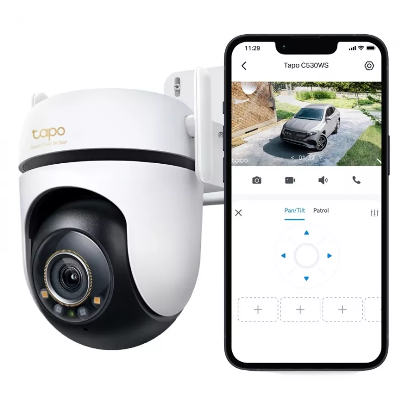 Cámara de seguridad Wi-Fi con giro/inclinación para exterior TP-Link ESPEC.: 3K 5MP (2880x1620), 2,4 GHz, 2 antenas externas, 1 puerto Ethernet, horizontal 360°