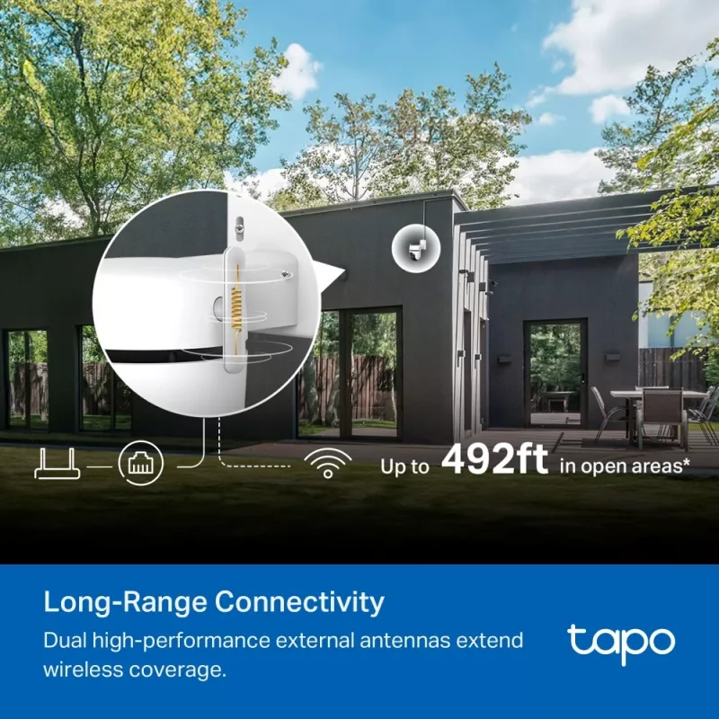 Cámara de seguridad Wi-Fi con giro/inclinación para exterior TP-Link ESPEC.: 3K 5MP (2880x1620), 2,4 GHz, 2 antenas externas, 1 puerto Ethernet, horizontal 360°