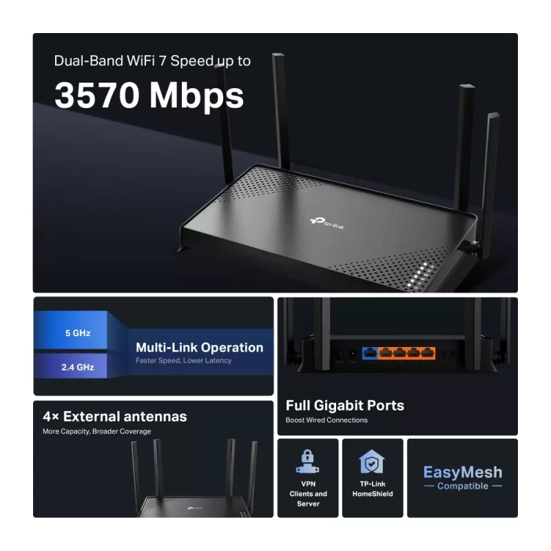 Router Wi-Fi TP-Link Archer BE220 Gigabit Ethernet Banda dual (2,4 GHz / 5 GHz) Negro