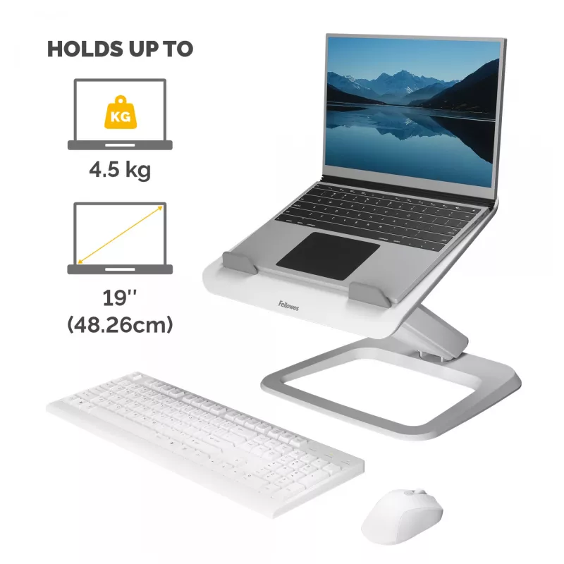 Fellowes soporte para portátil de escritorio – Hana LT soporte para portátil para casa y la oficina – soporte para portátil ajustable con 3 alturas – tamaño máx. de monitor 19 inch, peso máx. 4,5 kg – blanco