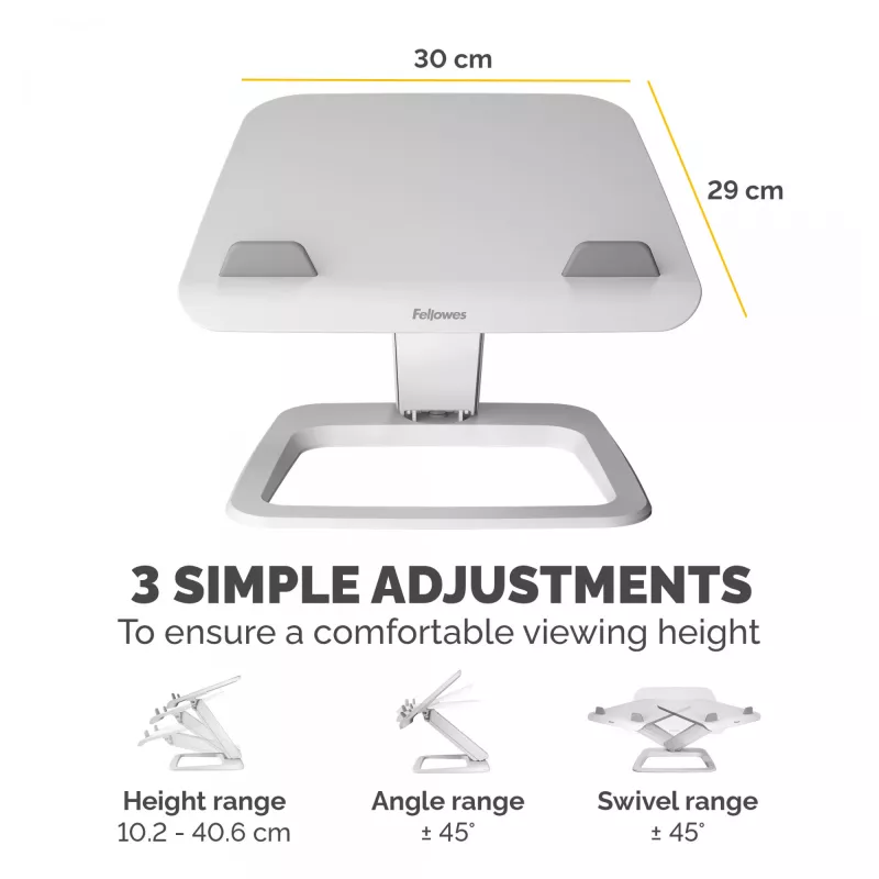 Fellowes soporte para portátil de escritorio – Hana LT soporte para portátil para casa y la oficina – soporte para portátil ajustable con 3 alturas – tamaño máx. de monitor 19 inch, peso máx. 4,5 kg – blanco