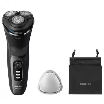 Afeitadora eléctrica rotatoria Philips 3000 Series S3244/12 – 3 cabezales, en húmedo y en seco, Li-Ion, 60 min de autonomía, recortador emergente, lavable, negro