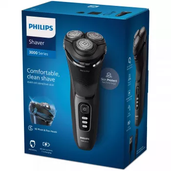 Afeitadora eléctrica rotatoria Philips 3000 Series S3244/12 – 3 cabezales, en húmedo y en seco, Li-Ion, 60 min de autonomía, recortador emergente, lavable, negro