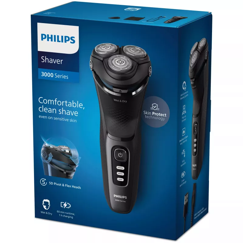 Afeitadora eléctrica rotatoria Philips 3000 Series S3244/12 – 3 cabezales, en húmedo y en seco, Li-Ion, 60 min de autonomía, recortador emergente, lavable, negro