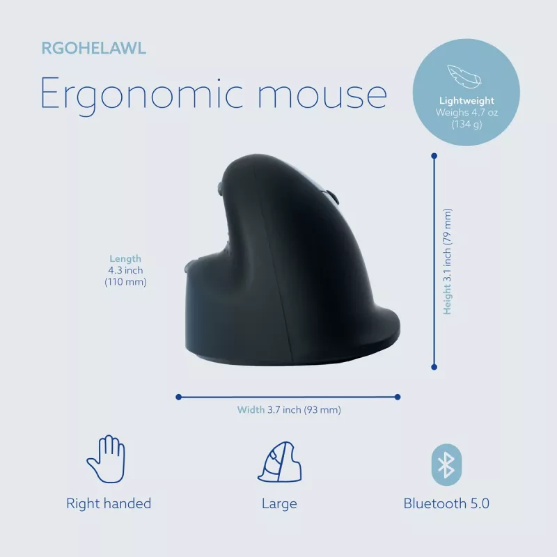 R-Go Tools ratón ergonómico R-Go HE Break con software de pausas, grande (tamaño de mano ≥ 185 mm), para diestros, Bluetooth, negro
