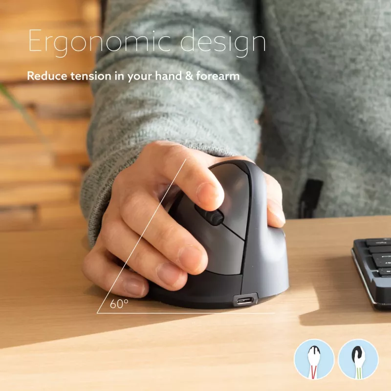 R-Go Tools ratón ergonómico R-Go HE Break con software de pausas, mediano (tamaño de mano 165-185 mm), para diestros, Bluetooth, negro