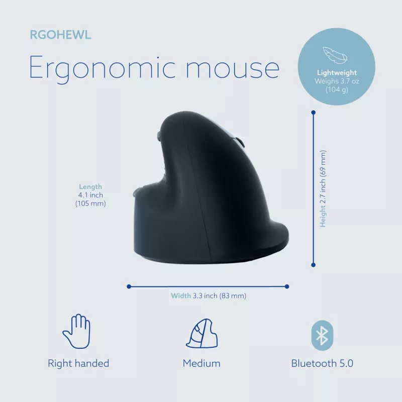 R-Go Tools ratón ergonómico R-Go HE Break con software de pausas, mediano (tamaño de mano 165-185 mm), para diestros, Bluetooth, negro