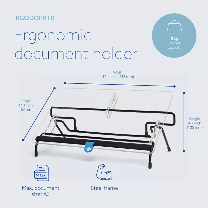 R-Go Tools atril R-Go Flex Read, ergonómico, con reposamuñecas de espuma suave, acrílico transparente