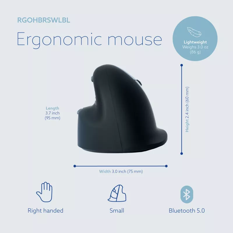 R-Go HE Break ratón vertical ergonómico, pequeño, para diestros, inalámbrico Bluetooth, negro