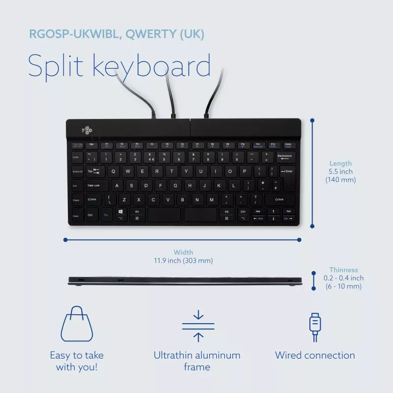 Teclado ergonómico R-Go Tools R-Go Split Break v2 con software Break, teclado dividido ergonómico, QWERTY (UK), con cable, negro