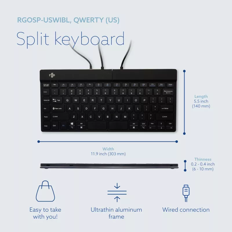Teclado ergonómico R-Go Tools R-Go Split Break v2 con software Break, teclado dividido ergonómico, QWERTY (US), con cable, negro
