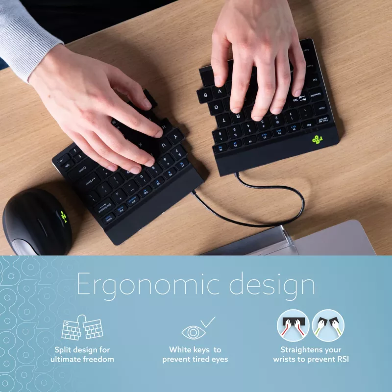 Teclado ergonómico R-Go Tools R-Go Split Break con software de pausas, teclado dividido ergonómico, QWERTY (US), Bluetooth, negro