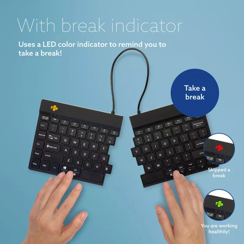 Teclado ergonómico R-Go Tools R-Go Split Break con software de pausas, teclado dividido ergonómico, QWERTY (US), Bluetooth, negro