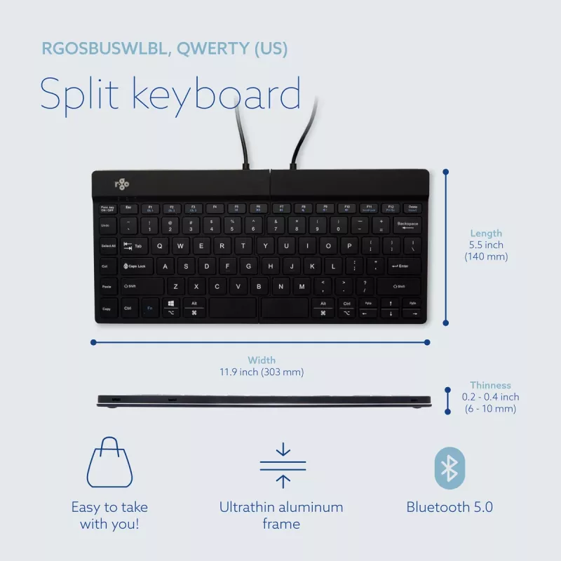 Teclado ergonómico R-Go Tools R-Go Split Break con software de pausas, teclado dividido ergonómico, QWERTY (US), Bluetooth, negro