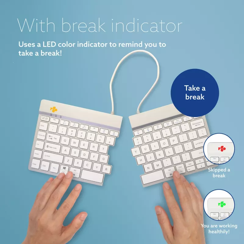 Teclado ergonómico R-Go Tools R-Go Split Break con software de pausas, teclado ergonómico dividido, QWERTY (US), Bluetooth, blanco