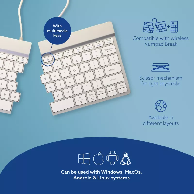 Teclado ergonómico R-Go Tools R-Go Split Break con software de pausas, teclado ergonómico dividido, QWERTY (US), Bluetooth, blanco